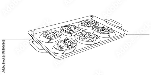 Continuous one line of bruschetta serving tray with tomatoes and basil, symbolizing Italian taste and freshness, hand drawn vector illustration.