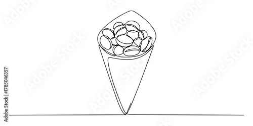 Continuous one line of roasted peanut cone, representing a crunchy and easy to carry snack, hand drawn vector illustration.