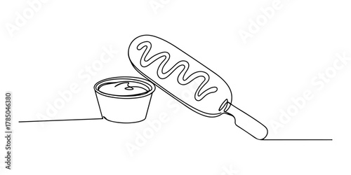 Continuous one line of corndog on a skewer with dipping sauce, symbolizing the fun of street food, hand drawn vector illustration.