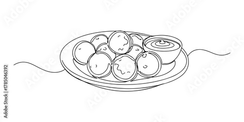 Continuous one line of falafel ball with tahini sauce, representing Middle Eastern appetizer, hand drawn vector illustration.