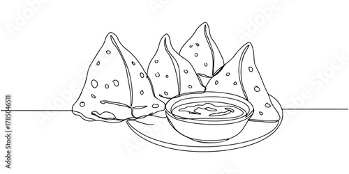 Continuous one line of samosa with chutney, representing bold spices and textures, hand drawn vector illustration.