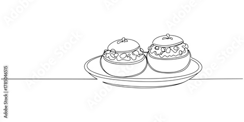 Continuous one line of a pair of stuffed mushrooms on a small bowl, symbolizing savory bite and elegance, hand drawn vector illustration.
