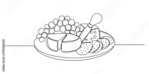 Continuous one line of cheese plate with grapes and crackers, symbolizing gourmet snacks and sophistication, hand drawn vector illustration.