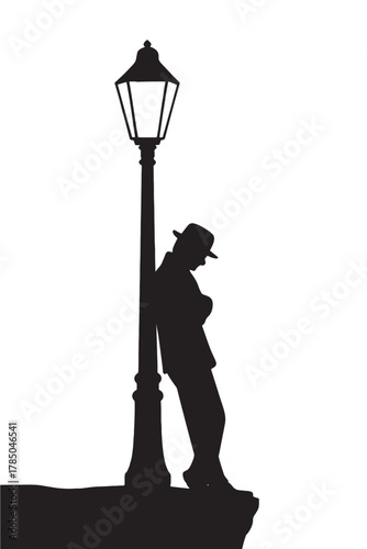 Melancholy man silhouetted by vintage streetlamp, lost in thought, evoking solitude and reflection with a touch of noir mystery and urban drama