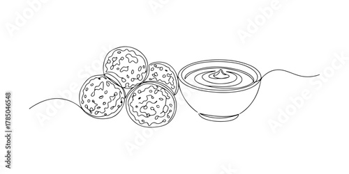 Continuous one line of falafel ball with tahini sauce, representing Middle Eastern appetizer, hand drawn vector illustration.
