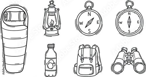 Camping gear doodle icon set. Vector pictograms of sleeping bag, lantern, compass, water bottle, small backpack, binoculars, simple hand-drawn illustration.