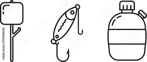 Camping food simple outline icon set. Vector pictograms of marshmallow on stick, fishing lure, water canteen, simple linear illustration.