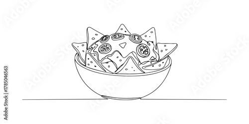 Continuous one line of a bowl of nachos with cheese and jalapeños, representing bold flavors and fun, hand drawn vector illustration.