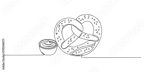 Continuous one line of soft pretzel with mustard sauce, symbolizing street food fun and comfort, hand drawn vector illustration.