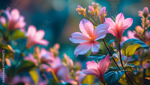 Cinematic 3D Flower Wallpaper with Vibrant Blooms, Delicate Petals, Lush Green Leaves, Soft Focus, Warm Lighting, High-Contrast Photography, Detailed Textures, Shallow Depth of Field, Blurred Backgrou