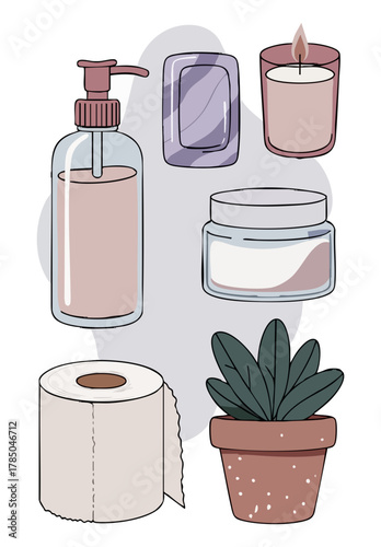 Vector bathroom essentials: soap, candle, lotion, toilet paper, plant.