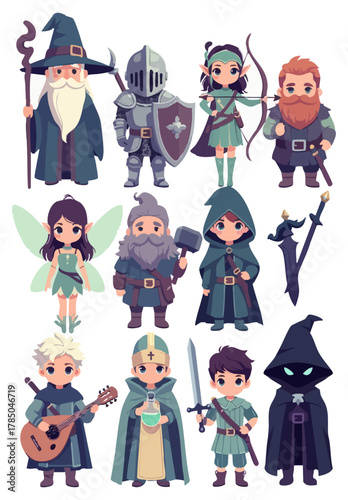 Vector fantasy kids in wizard, knight, archer, bard costumes with magical gear