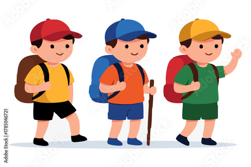 Cute flat illustration of three children hiking with backpacks and caps. Outdoor adventure concept for camping, trekking, summer activities, and educational materials.