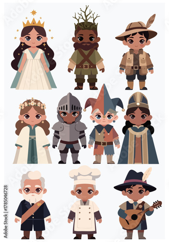 Cartoon kids in fantasy costumes: princess, tree, knight, explorer, wizard, chef, musician.