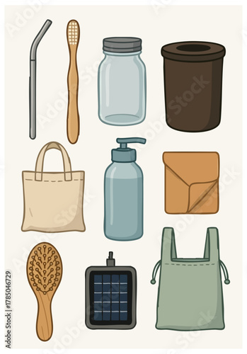 Set of zero-waste household items including reusable bags, jars, toothbrush, straw and eco accessories. Sustainable lifestyle, plastic-free concept illustrated in flat style