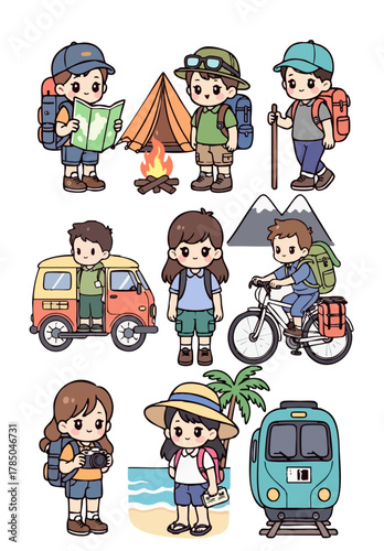 set of cartoon travelers with tent, map, bike, car, train, and backpack in fun poses