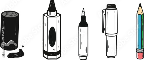 Drawing tools simple doodle icon set. Vector pictograms of charcoal stick, crayon, marker, colored pencil, simple sketch illustration.
