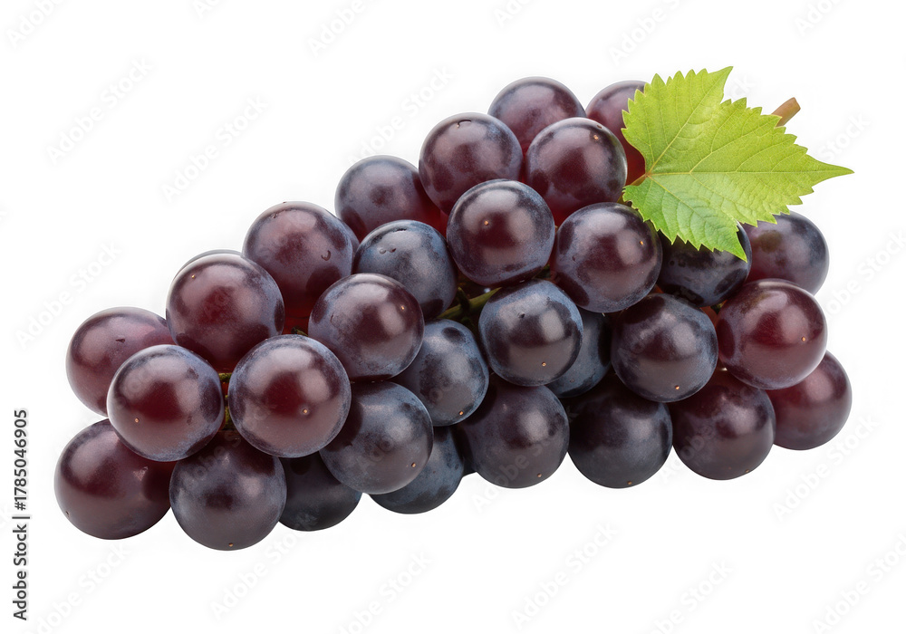 Fototapeta premium A bunch of dark purple grapes a single green leaf, isolated on transparent background