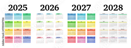 Set of calendars for 2025, 2026, 2027 and 2028 on a white background