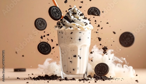 Cookie Cream Delight: An artful composition showcases a luscious cookie cream shake, elegantly presented with a blend of textures, flavors, and visual dynamics that will tantalize the senses.