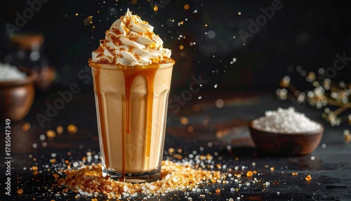 Delicious Caramel drink: A close-up shot of a luxurious drink, showcasing the swirl of caramel syrup and whipped cream against a backdrop of tantalizing details.
