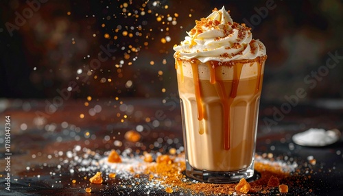Decadent Coffee Delights: A rich, luscious coffee beverage, crowned with a swirl of whipped cream and drizzled with caramel, presents an irresistible treat