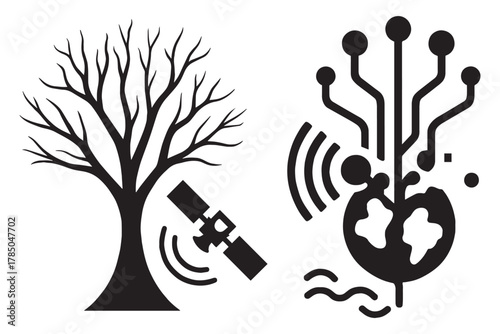 Explore nature intertwined with modern satellite technology showcasing earth's digital network with tree for environment concept, a unique blend