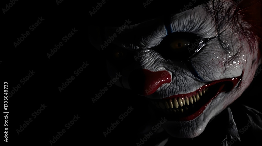 Obraz premium A terrifying horror clown emerging from deep shadows with a sinister grin and dramatic lighting.