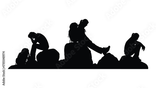 Exhausted hikers silhouettes resting on rocks isolated on white background, Vector