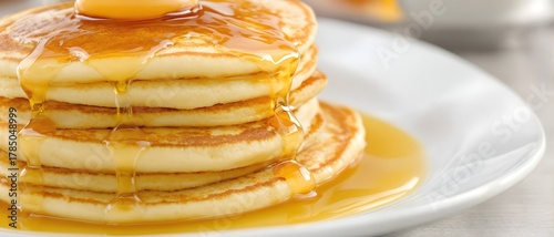Delicious stack of pancakes with butter and maple syrup on white plate