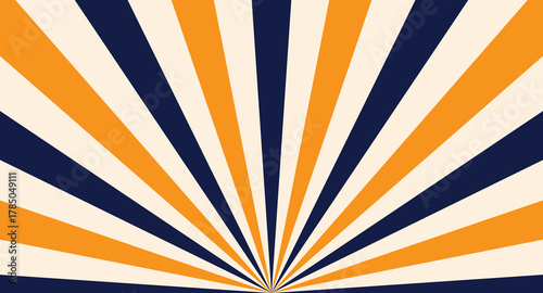 Retro sunburst pattern with orange and navy blue stripes radiating from center