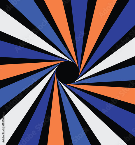 Vibrant abstract radial pattern with swirling orange blue and white stripes converging to a dark center