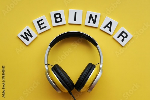 Webinar online conference virtual meeting headphones yellow background concept