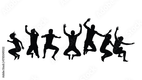 Diverse group of people jumping silhouettes isolated on white background, Vector