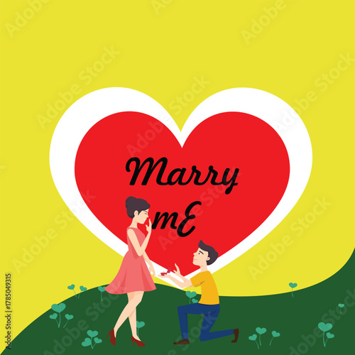 Whimsical "Marry Me" Heart Illustration with Green Hill and Plants