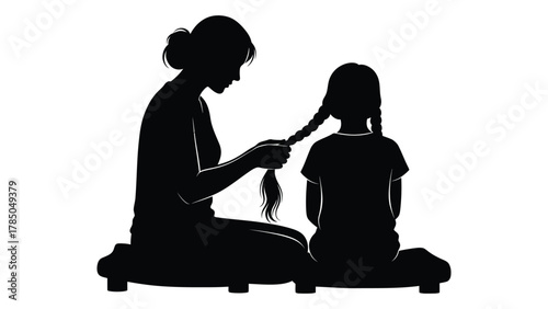 Mother braiding child's hair silhouette isolated on white background, Vector