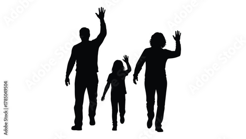 Family waving silhouettes isolated on white background, Vector
