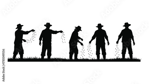Farmers sowing seeds silhouettes isolated on white background, Vector