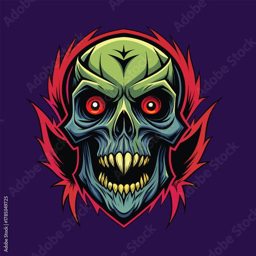 Fierce demon skull with glowing red eyes and fiery aura