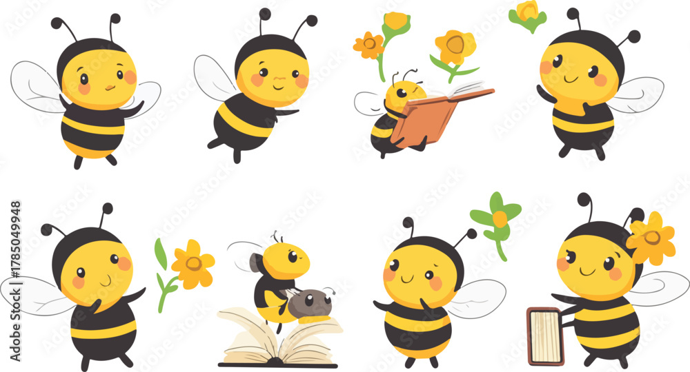 Fototapeta premium A cartoon vector illustration set of cute bees and honey with flower icons for summer design