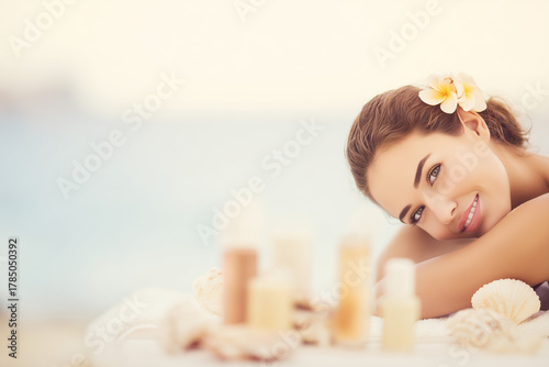 Relaxed woman enjoying massage at spa with blurred beach and sea in the background. Wellness and relaxation concept with copy space.
