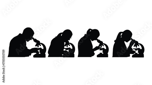 Scientists and students using microscopes silhouettes isolated on white background, Vector