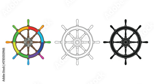 a colorful ship wheel next to its black and white counterparts