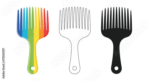colorful rainbow comb alongside black and white versions