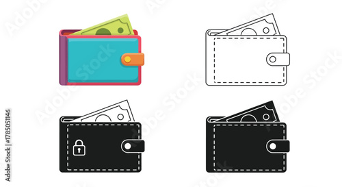various wallets with money inside shown in different styles