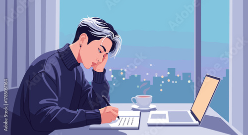 Young Korean man writing by hand in the evening for creative content and lifestyle marketing