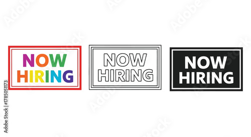 now hiring signs in various colors and styles displayed side by side