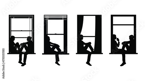 People silhouettes in windows isolated on white background, Vector