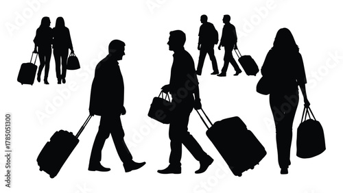 Travelers with luggage silhouettes isolated on white background, Vector