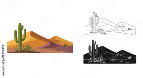 a desert landscape with cacti mountains and shrubs in vibrant colors